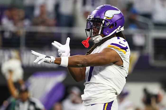 Dec 24, 2023; Minneapolis, Minnesota, USA; Minnesota Vikings wide receiver K.J. Osborn (17) celebrates his pass against the Detroit Lions during the third quarter at U.S. Bank Stadium.